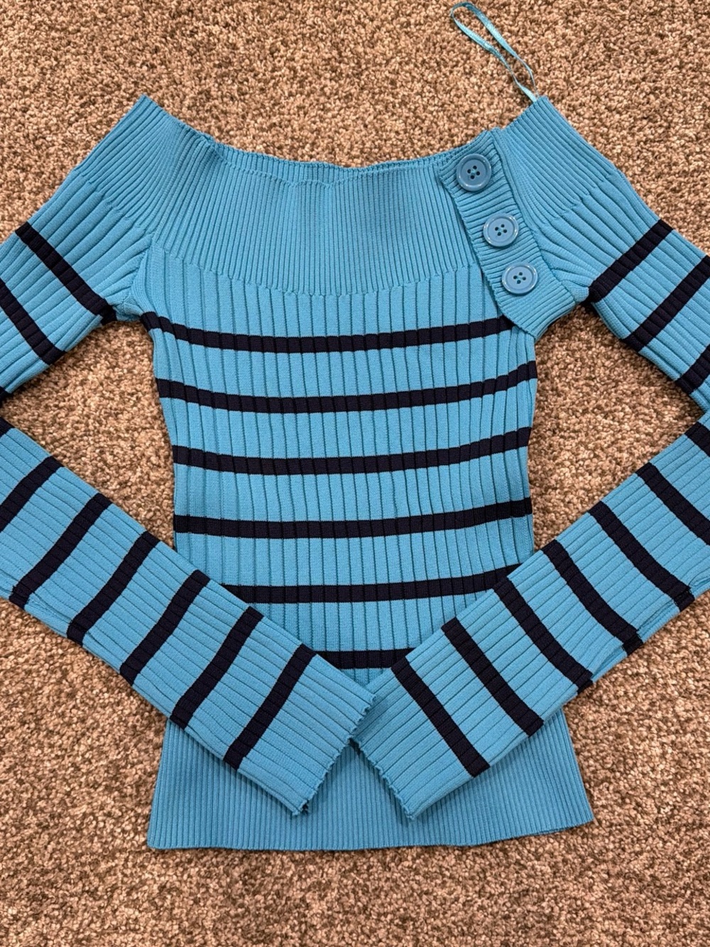 Urban Outfitters Turquoise and Navy Off-Shoulder Button Stripe Sweater